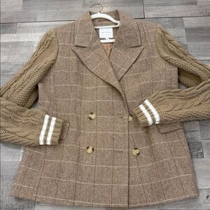 Avec Les Filles Brown Tweed Blazer with Knit Cable Sleeves